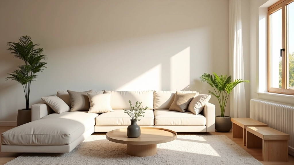 Sala iluminada naturalmente com lâmpadas LED eficientes e design minimalista português