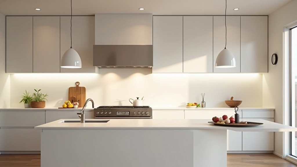 Cozinha moderna bem iluminada com LED branco frio, balcão e armários com boa visibilidade