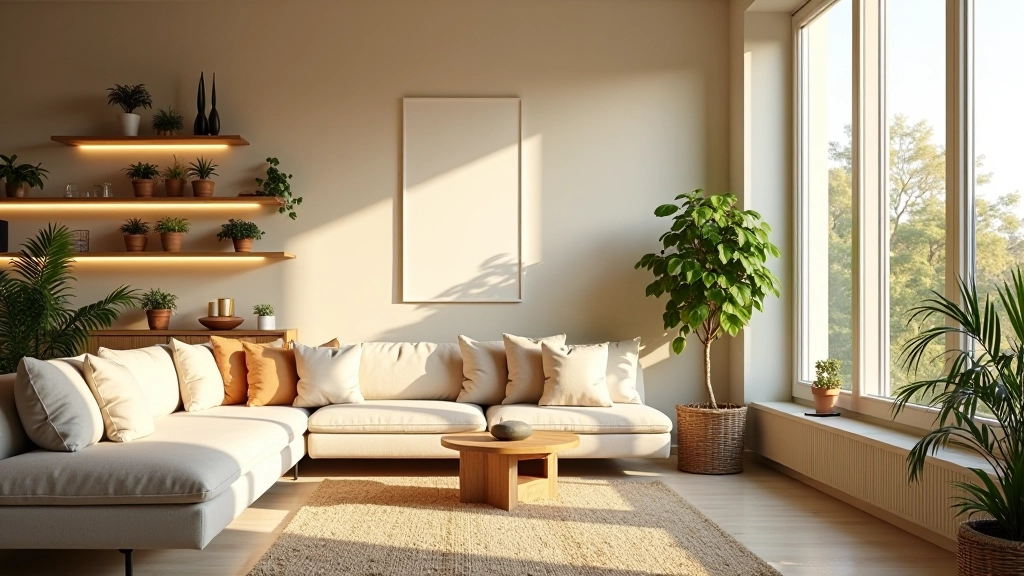 Sala de estar com múltiplas fontes de luz natural e complementada por iluminação LED discreta