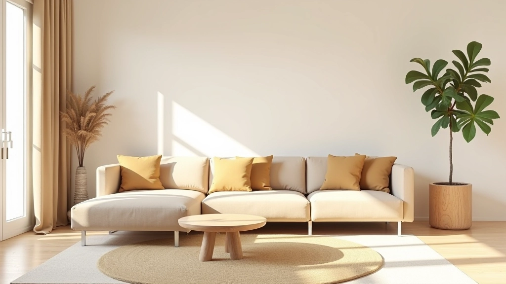 Espaço de estar moderno com sofá feito de materiais reciclados e almofadas em tons terra, luz natural suave