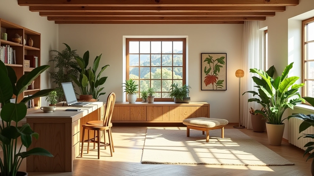 Espaço de design sustentável com materiais naturais e iluminação eficiente