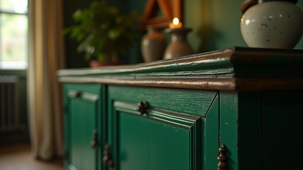 Móvel antigo de madeira restaurado com pintura verde escuro, novo acabamento brilhante em ambiente doméstico clássico