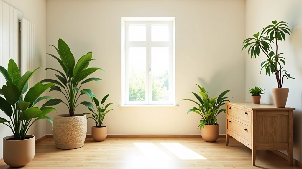 Interior moderno com plantas, luz natural, móveis de madeira sustentável em estilo português contemporâneo