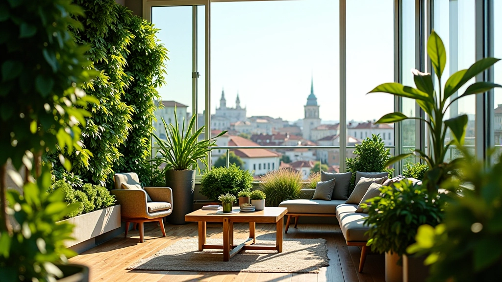Espaço verde urbano com plantas e jardim vertical numa cidade portuguesa