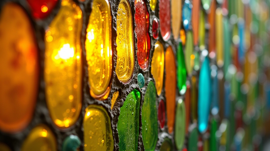 Detalhe de parede revestida com garrafas de vidro reciclado coloridas criando padrão visual interessante